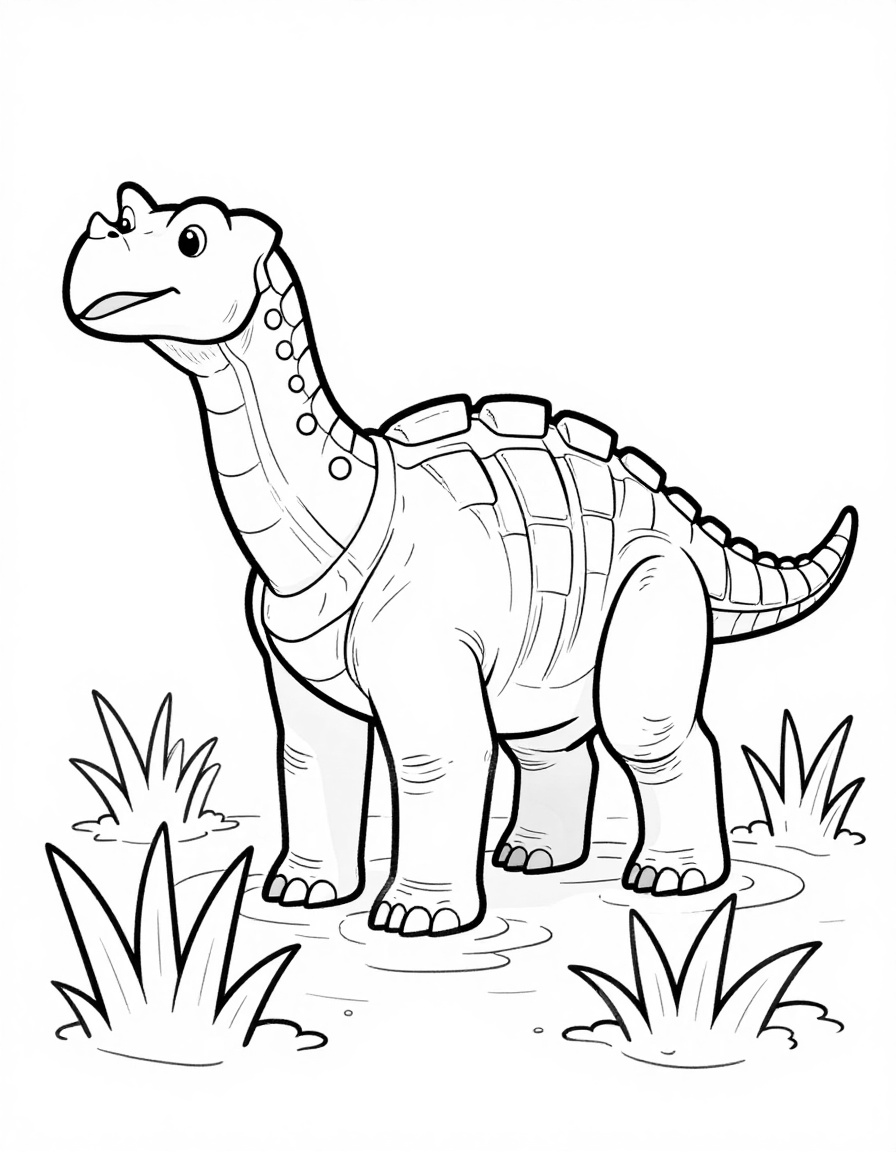 Kleurplaat van een ankylosaurus die in een moerassig gebied met hoog riet staat.