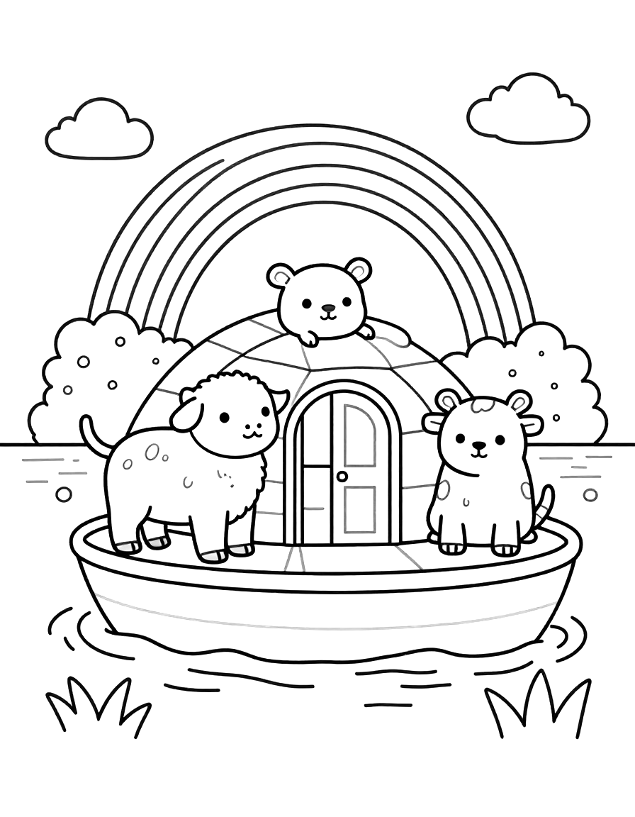 Kleurplaat van een ark op het water met een schaap, een koe en een beer aan boord en een regenboog erboven