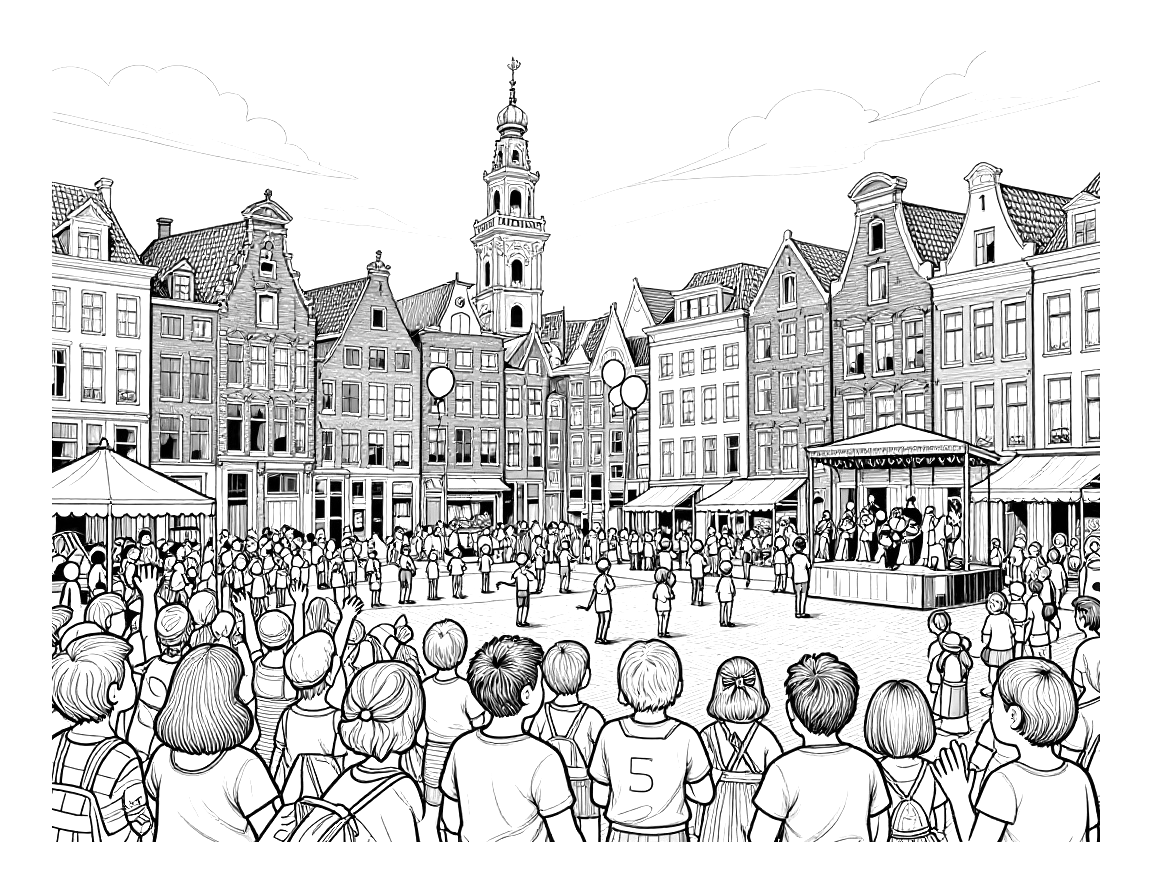 Kleurplaat van een Nederlands stadsplein op Bevrijdingsdag met een menigte, vlaggen, ballonnen, historische gevels en een band op een podium