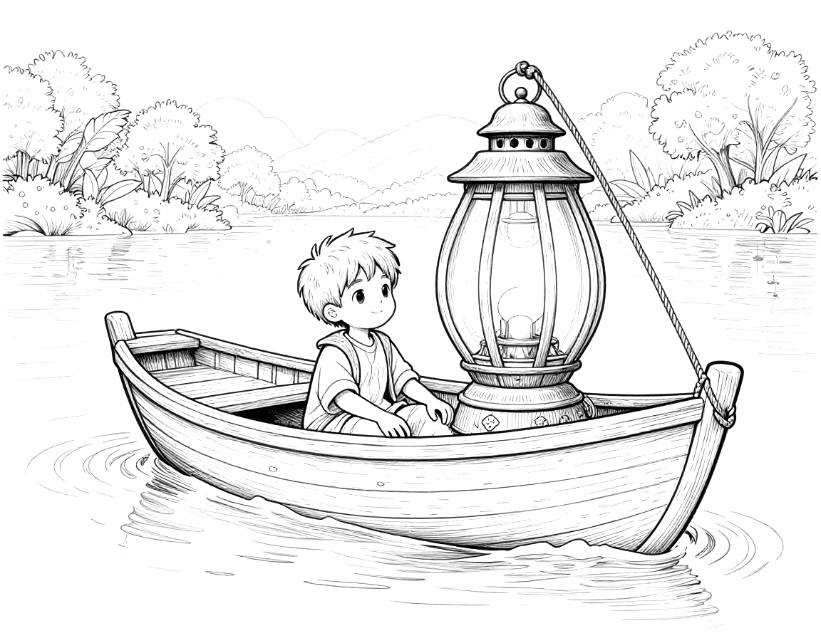 Kleurplaat van een jongen in een houten boot met een grote lantaarn, dobberend op rustig water met bomen en heuvels op de achtergrond.