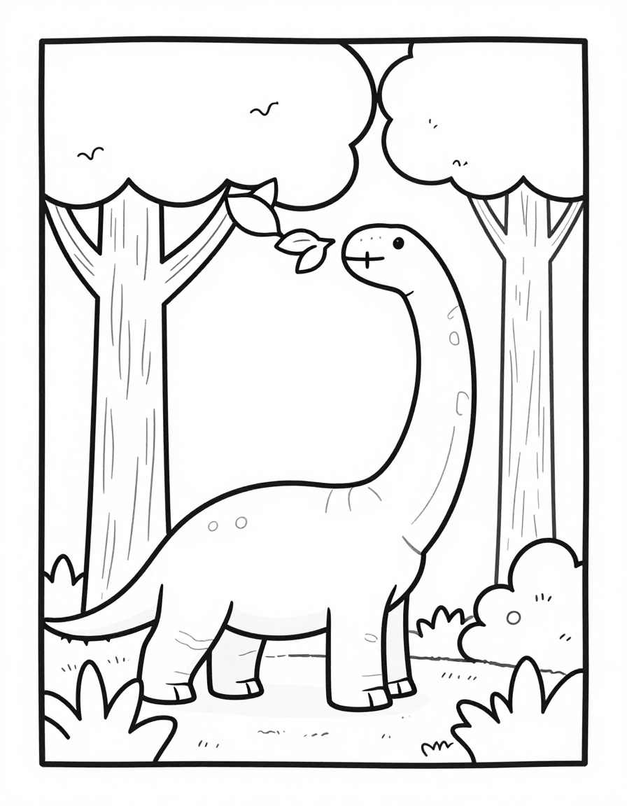 Kleurplaat van een brachiosaurus die met zijn lange nek blaadjes uit een hoge boom eet in een prehistorisch bos.