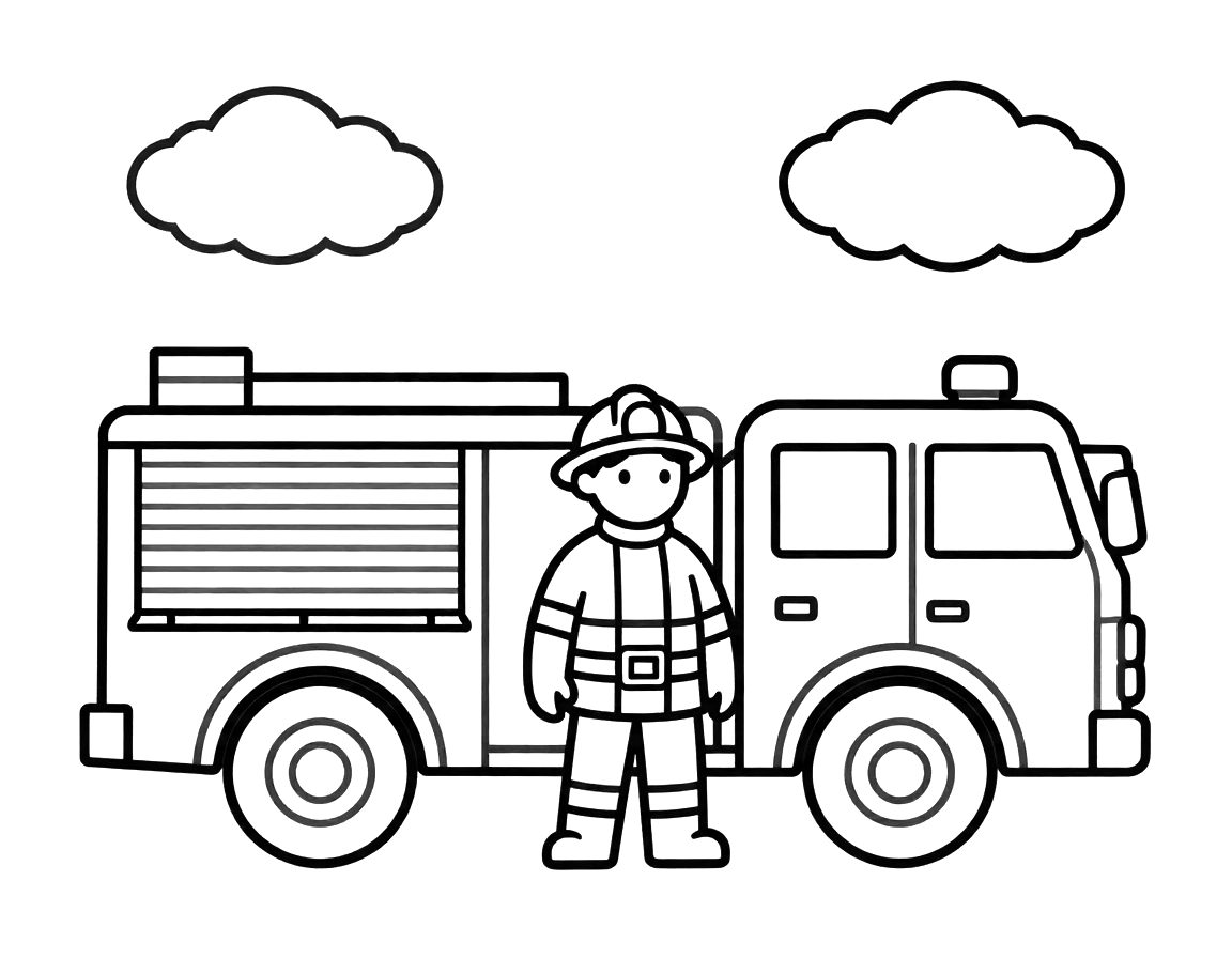 Kleurplaat van een brandweerwagen met een brandweerman in uitrusting die ernaast staat, met twee wolken in de lucht.