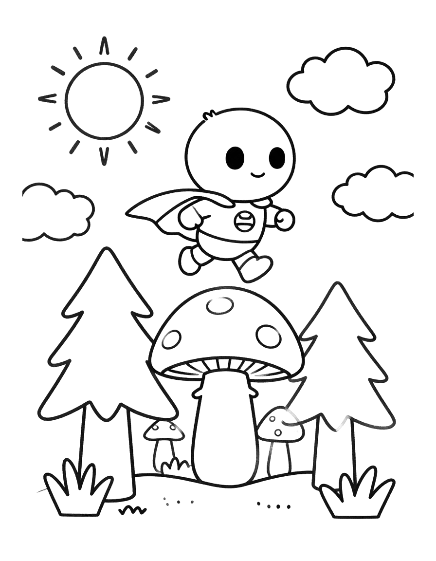 Kleurplaat van een chibi superheld met cape die vliegt boven een bos met hoge dennenbomen en paddenstoelen.