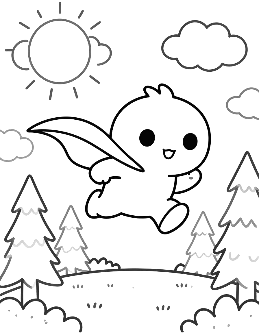Kleurplaat van een chibi superheld met cape die vliegt boven een bos met hoge dennenbomen en paddenstoelen.