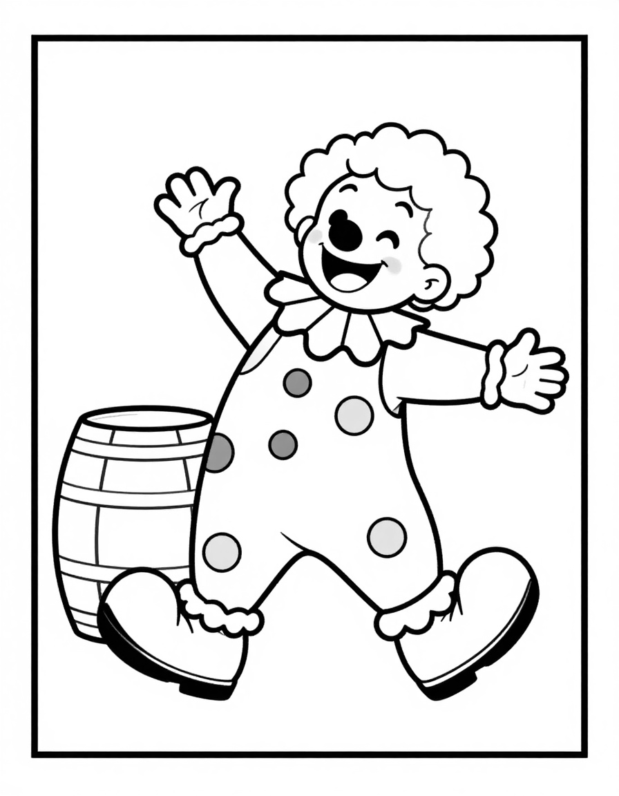Kleurplaat van een vrolijke clown in een stippenpak die danst naast een draaiorgel met grote schoenen aan.