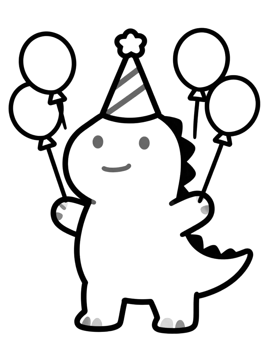 Kleurplaat van een vriendelijke dinosaurus met een feesthoed die zijn verjaardag viert met ballonnen en een taart.