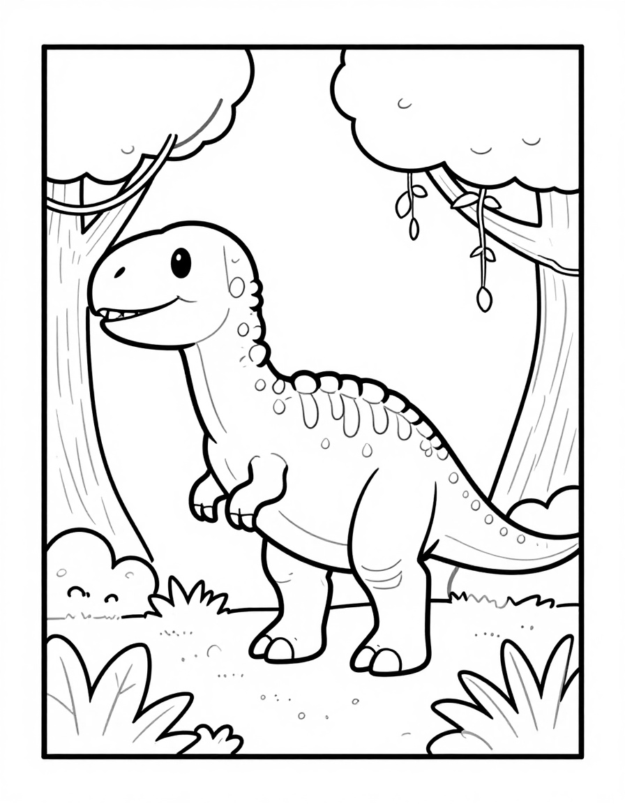 Kleurplaat van een dinosaurus die tussen hoge bomen en hangende lianen in een regenwoud staat.