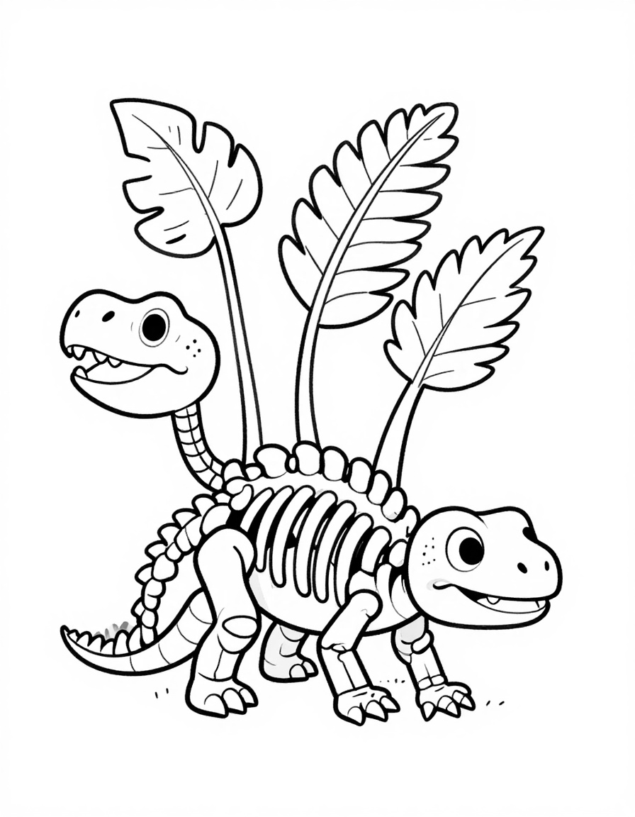 Kleurplaat van een dinosaurus skelet dat achter grote varens tevoorschijn komt, met een nieuwsgierige hagedis die langs het staartbot klimt.