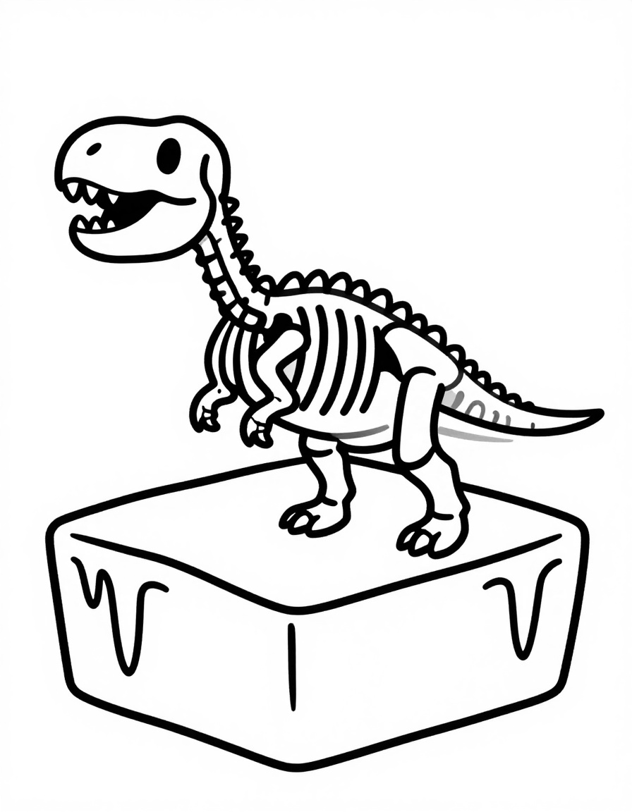 Kleurplaat van een dinosaurus skelet dat vastzit in een blok ijs in een koude grot met ijspegels.