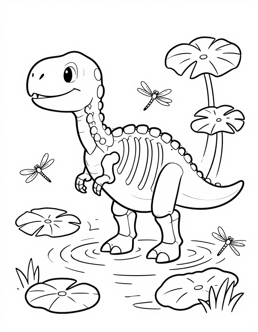 Kleurplaat van een dinosaurus skelet dat door een moeras waait met waterlelies en libellen om zijn poten.
