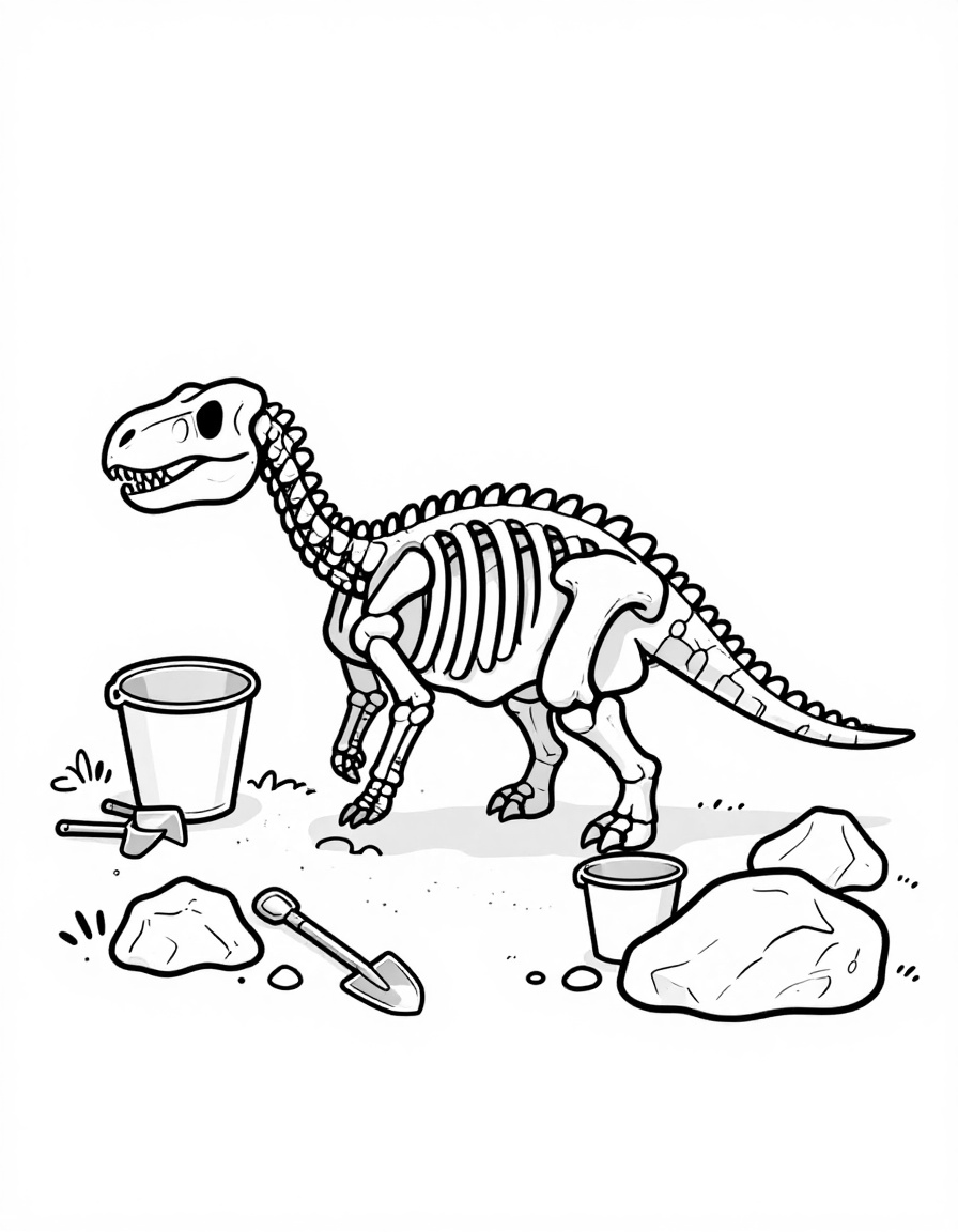 Kleurplaat van een dinosaurus skelet in een steengroeve met pikhouwelen, scheppen en emmers op de grond.