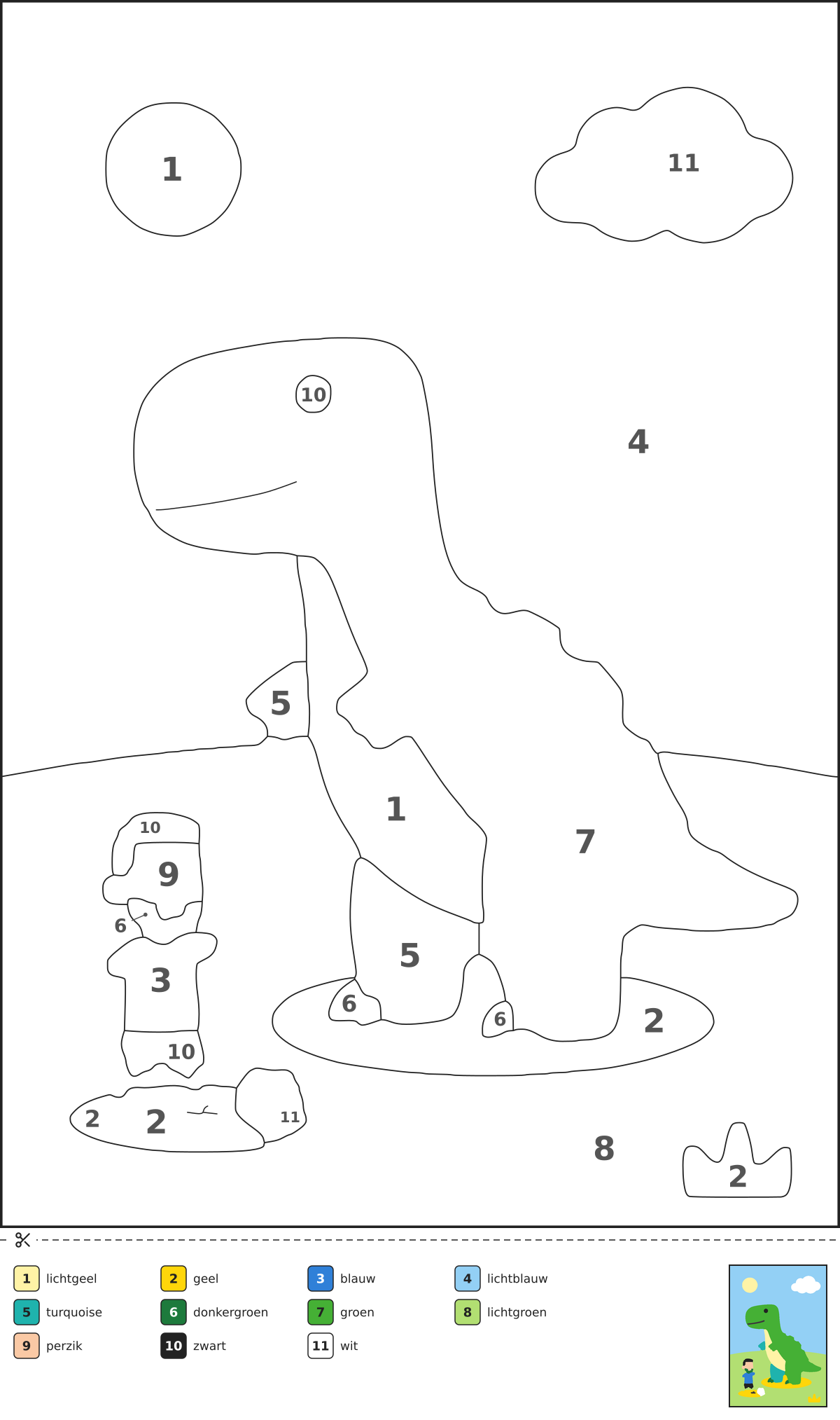 Kleurplaat op nummer van een dinosaurus die op een grasveld voetbalt met twee bekende voetballers.