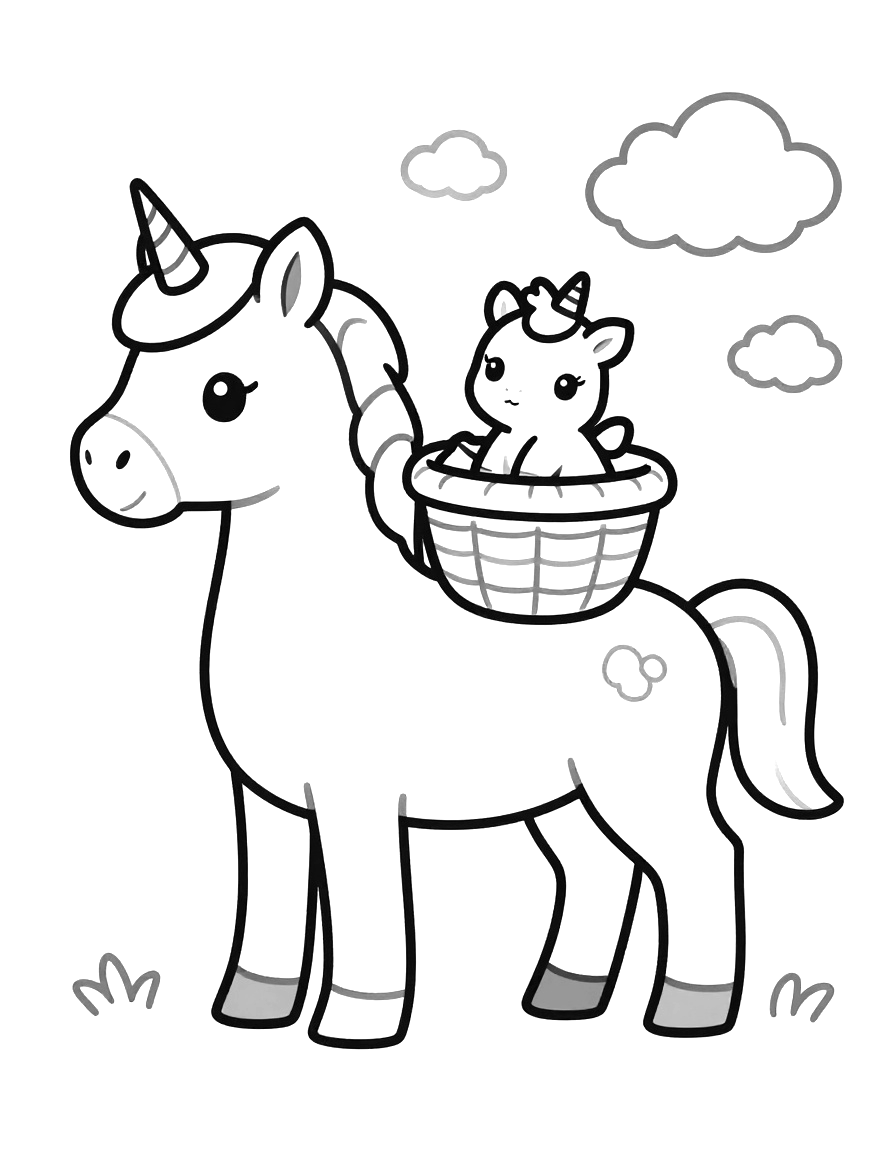 Kleurplaat van een eenhoorn die een mandje met een baby-eenhoorn op zijn rug draagt, met wolken en graspolletjes op de achtergrond.