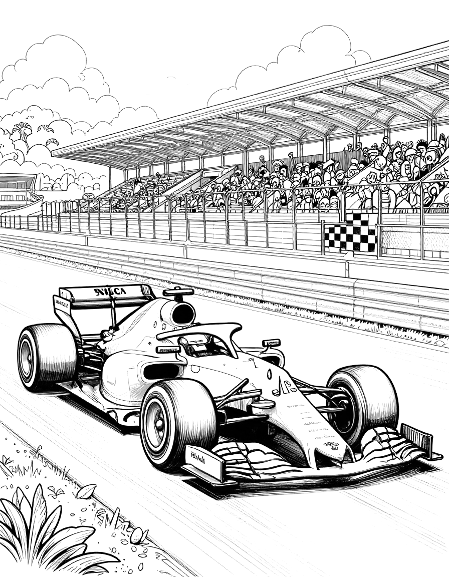 Kleurplaat van een Formule 1 raceauto die over het circuit rijdt langs tribunes met publiek en een finishvlag met zwart-wit blokpatroon.