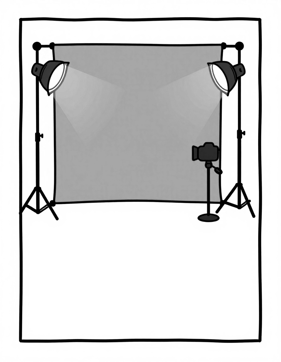 Kleurplaat van een fotostudio met een green screen, twee spotlights op statieven en een camera op een driepoot.