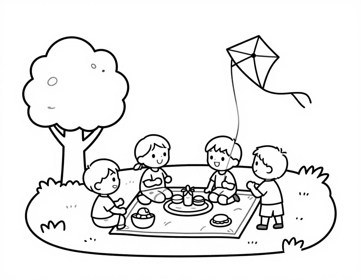 Kleurplaat van een gezin dat op Hemelvaartsdag picknickt in het park terwijl de kinderen met een vlieger spelen