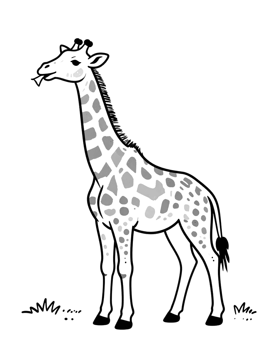 Kleurplaat van een giraffe die gras eet en tussen een paar graspollen staat.