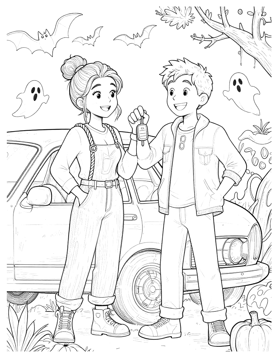 Kleurplaat van een lachende man en vrouw naast een auto, met vleermuizen, spookjes en een pompoen op de achtergrond.