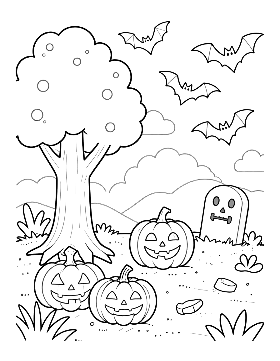 Kleurplaat met een Halloween tafereel met een boom, drie pompoenen, vleermuizen in de lucht en grafstenen op de grond.