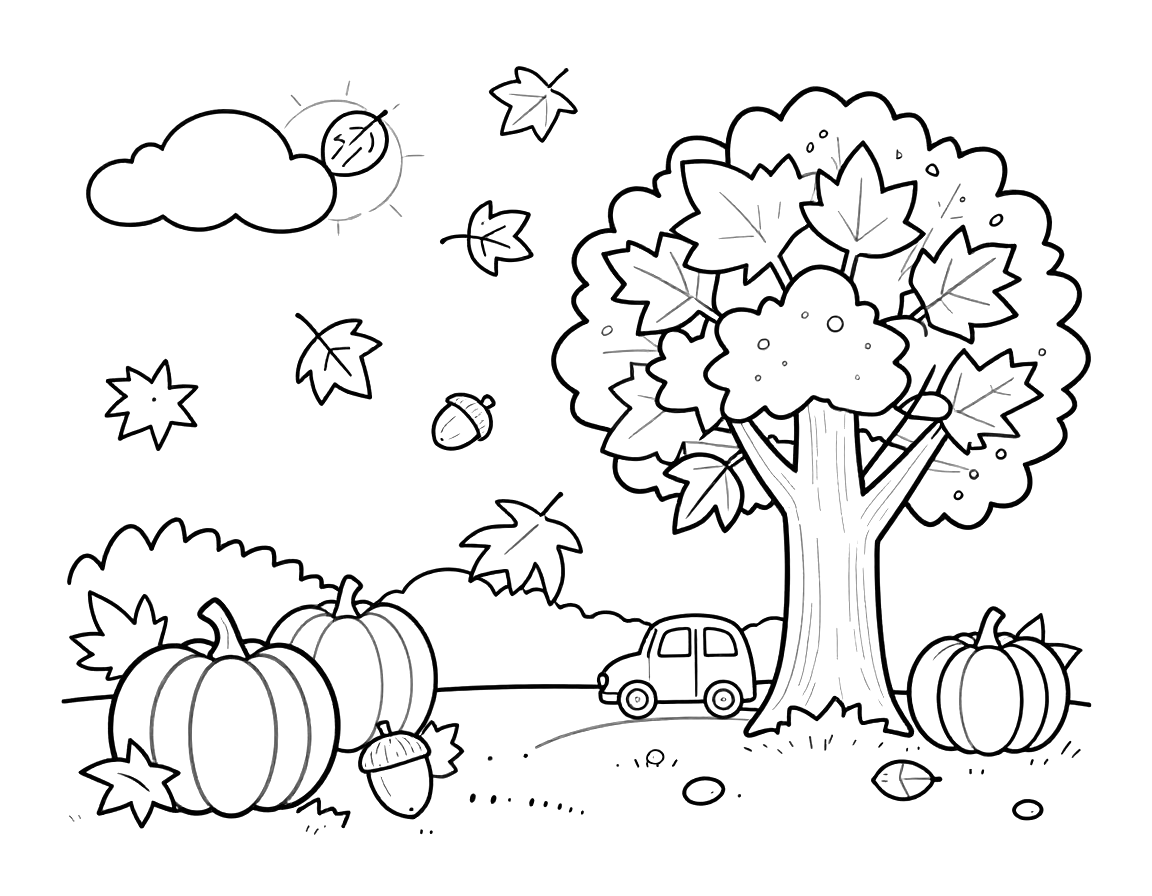 Kleurplaat van een herfsttafereel met een boom met gekleurde bladeren, vallende bladeren, pompoenen, eikels en een klein autootje op de achtergrond.