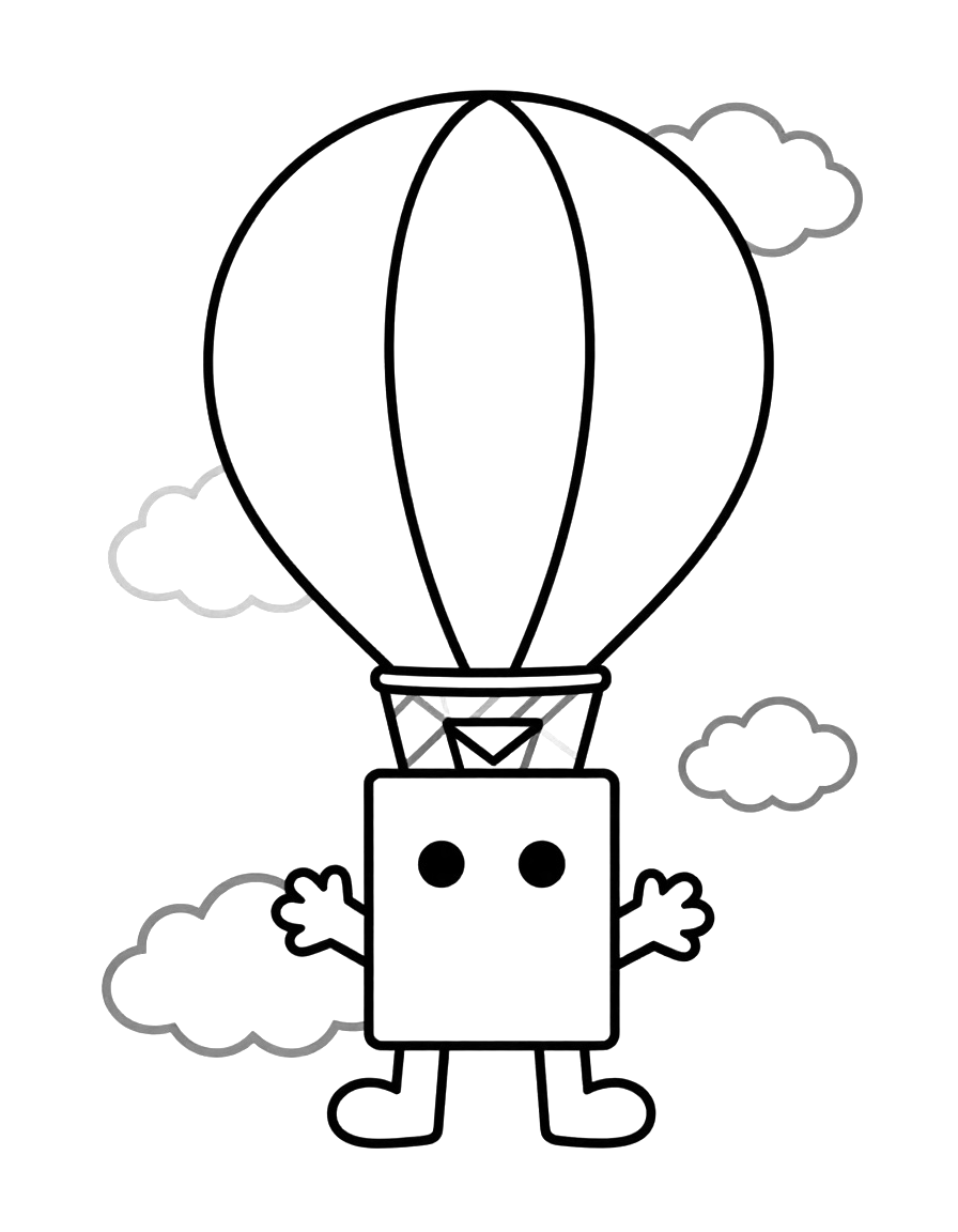 Kleurplaat van een heteluchtballon met gestreepte ballon en een klein mandje dat tussen zachte wolken zweeft.