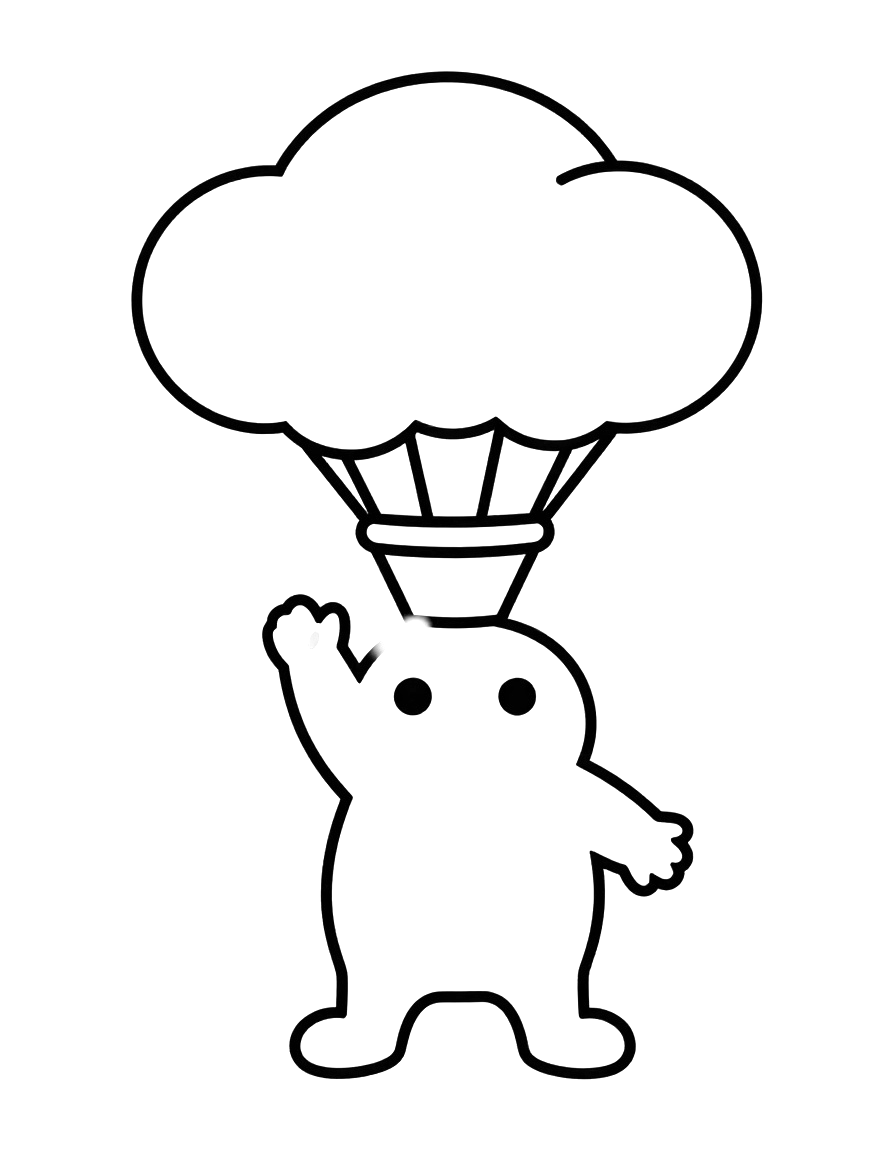 Kleurplaat van een heteluchtballon met een mandje die tussen pluizige wolken stijgt, met daaronder een vrolijk figuur dat zwaait.