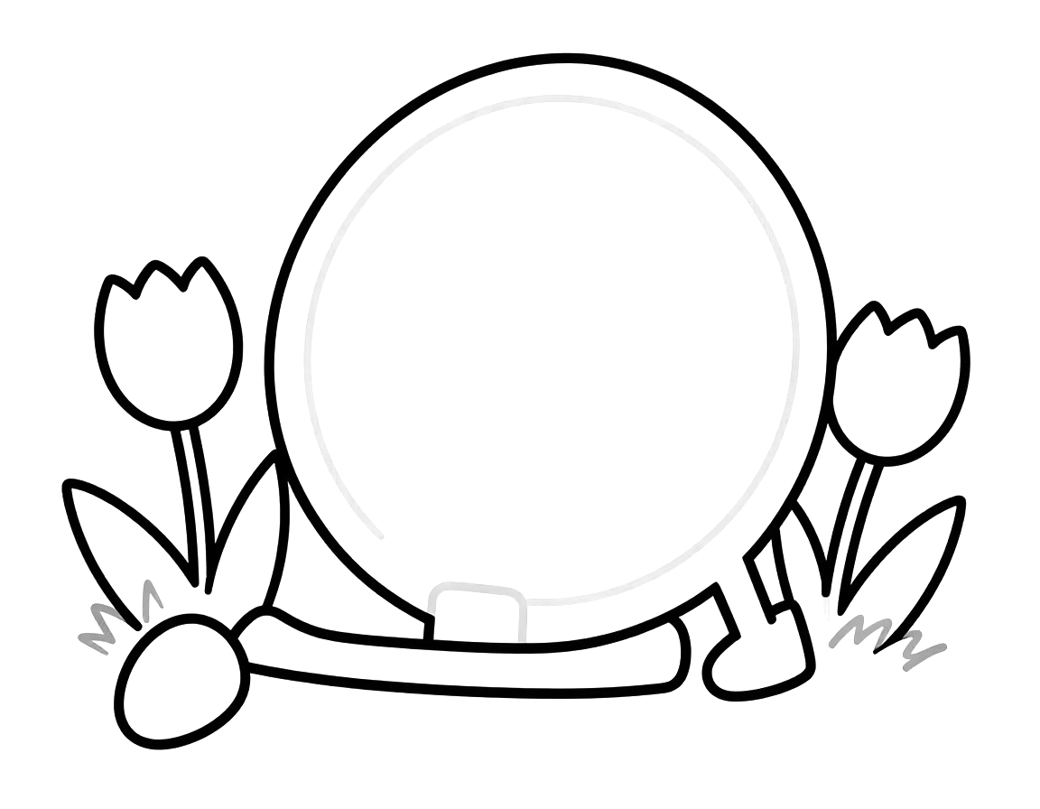 Kleurplaat van een grote ronde hockeybal met een hockey stick ernaast op het gras, met twee tulpen en bladeren eromheen.