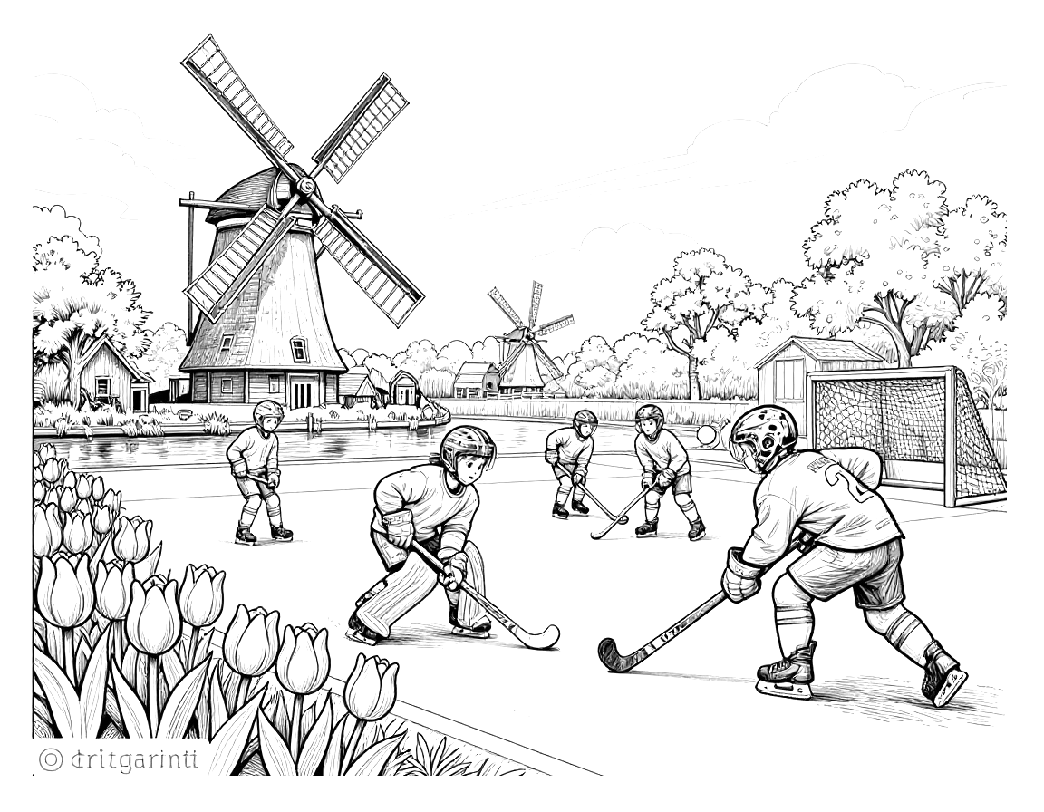 Kleurplaat van een hockeywedstrijd langs een gracht met molens, een tulpenrij en een keeper die de bal redt.