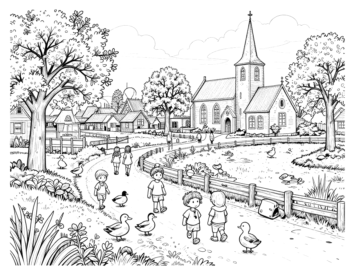 Kleurplaat van een Hollands polderlandschap met een dorpkerk, wandelende gezinnen op een kronkelpad, bloeiende fruitbomen en eenden in de sloot