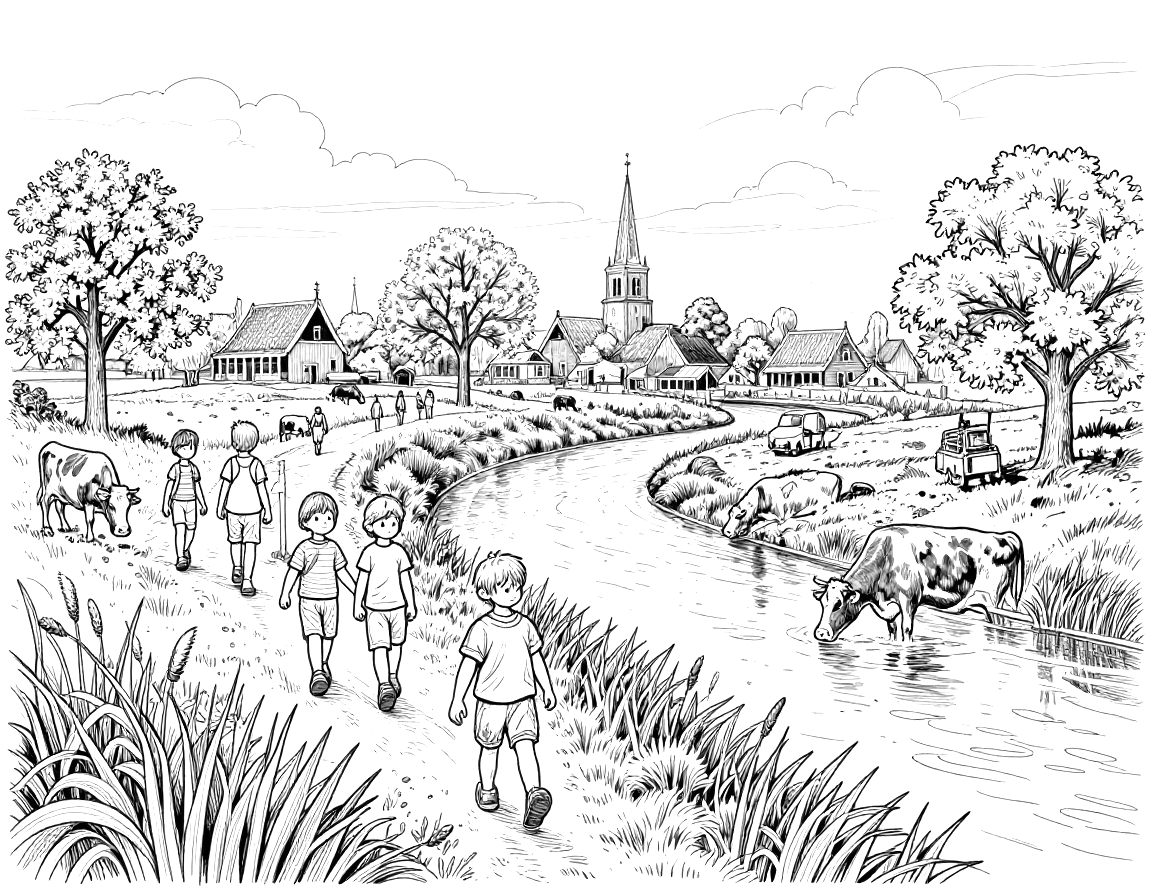 Kleurplaat van een Hollands rivierlandschap bij zonsopkomst met een kerktoren, wandelende gezinnen op een dijkpad, grazende koeien en bloeiende bomen