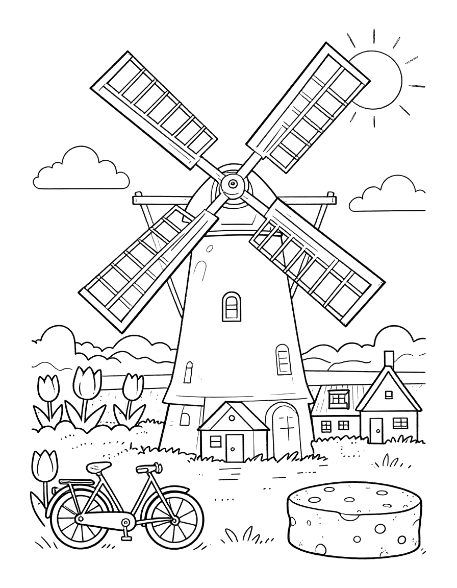 Kleurplaat van een Hollandse molen met tulpen, een fiets, kaaswiel en huisjes aan een dijk