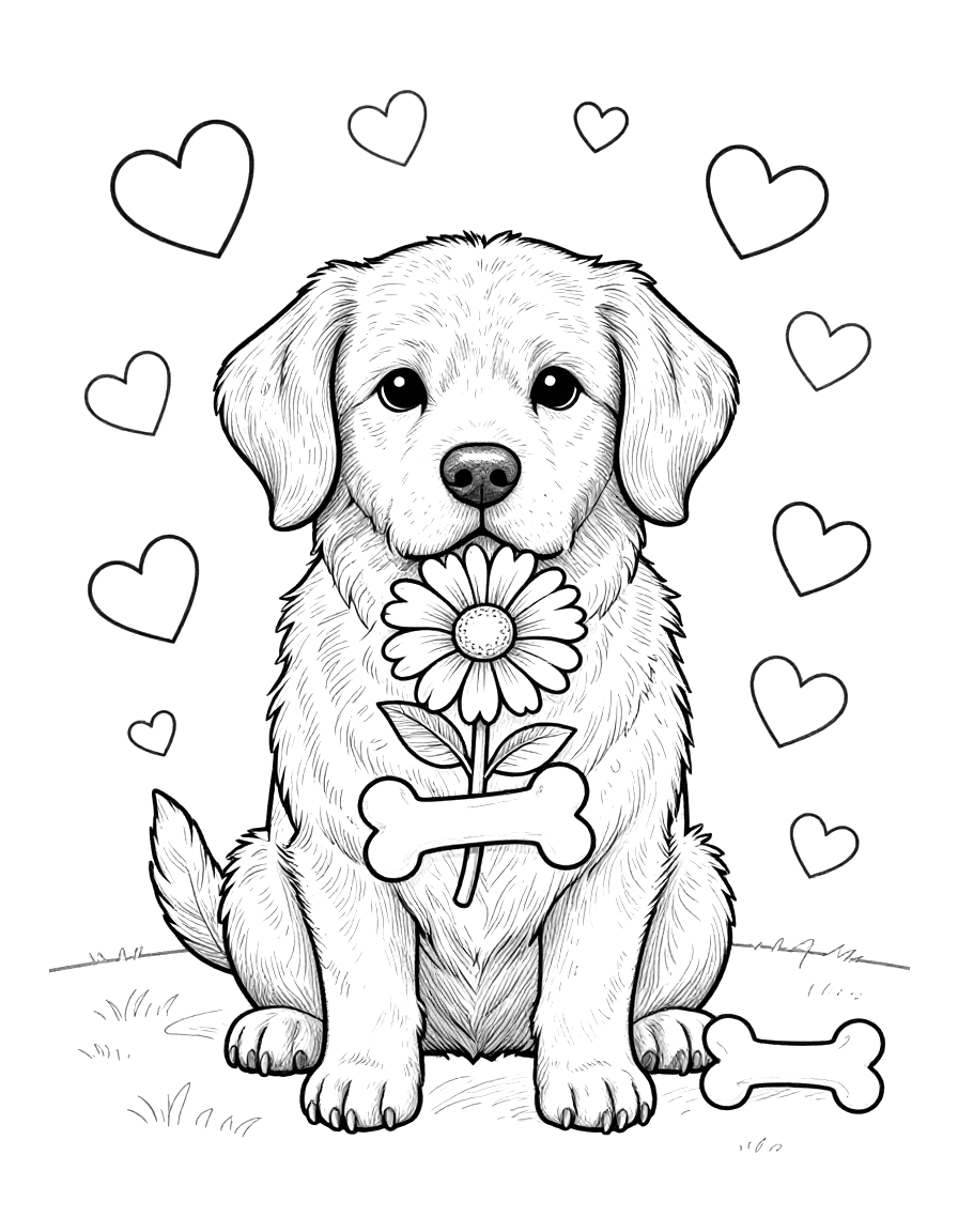 Kleurplaat van een zittende hond met een bloem in de bek, omringd door hartjes en hondenbotten.