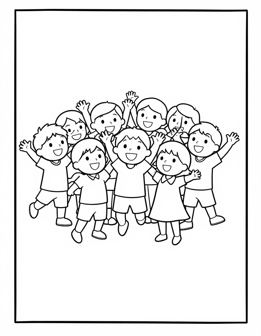 Kleurplaat van een groep juichende kinderen die samen in de lucht springen met hun armen omhoog