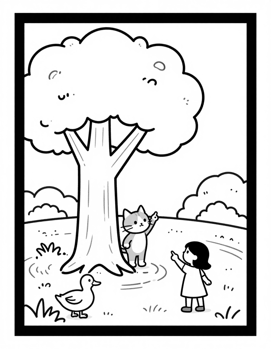 Kleurplaat van een grijze kat die in een hoge eik klimt bij de vijver, terwijl een meisje wijst en een eend vanaf het water toekijkt.