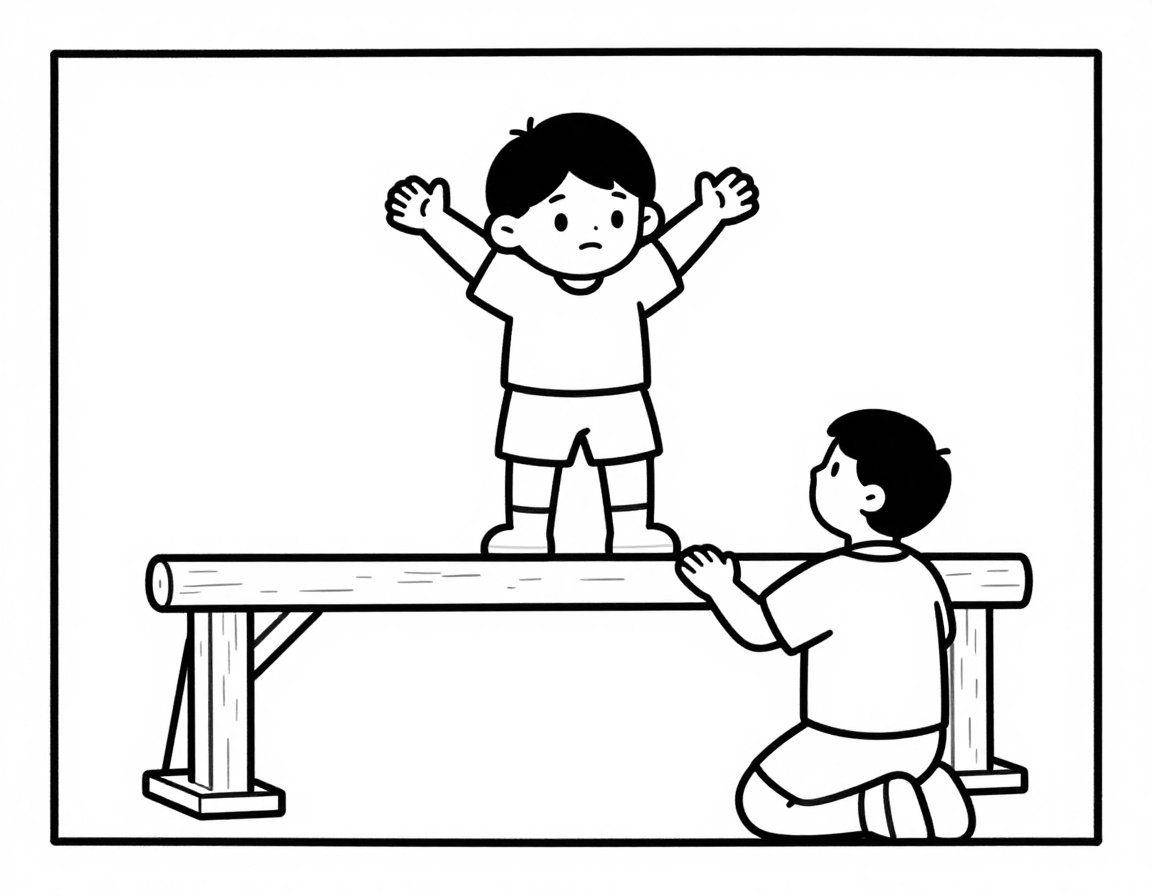 Kleurplaat van een kind dat met gespreide armen op een houten balk balanceert, terwijl een coach geknield toekijkt in de gymzaal.
