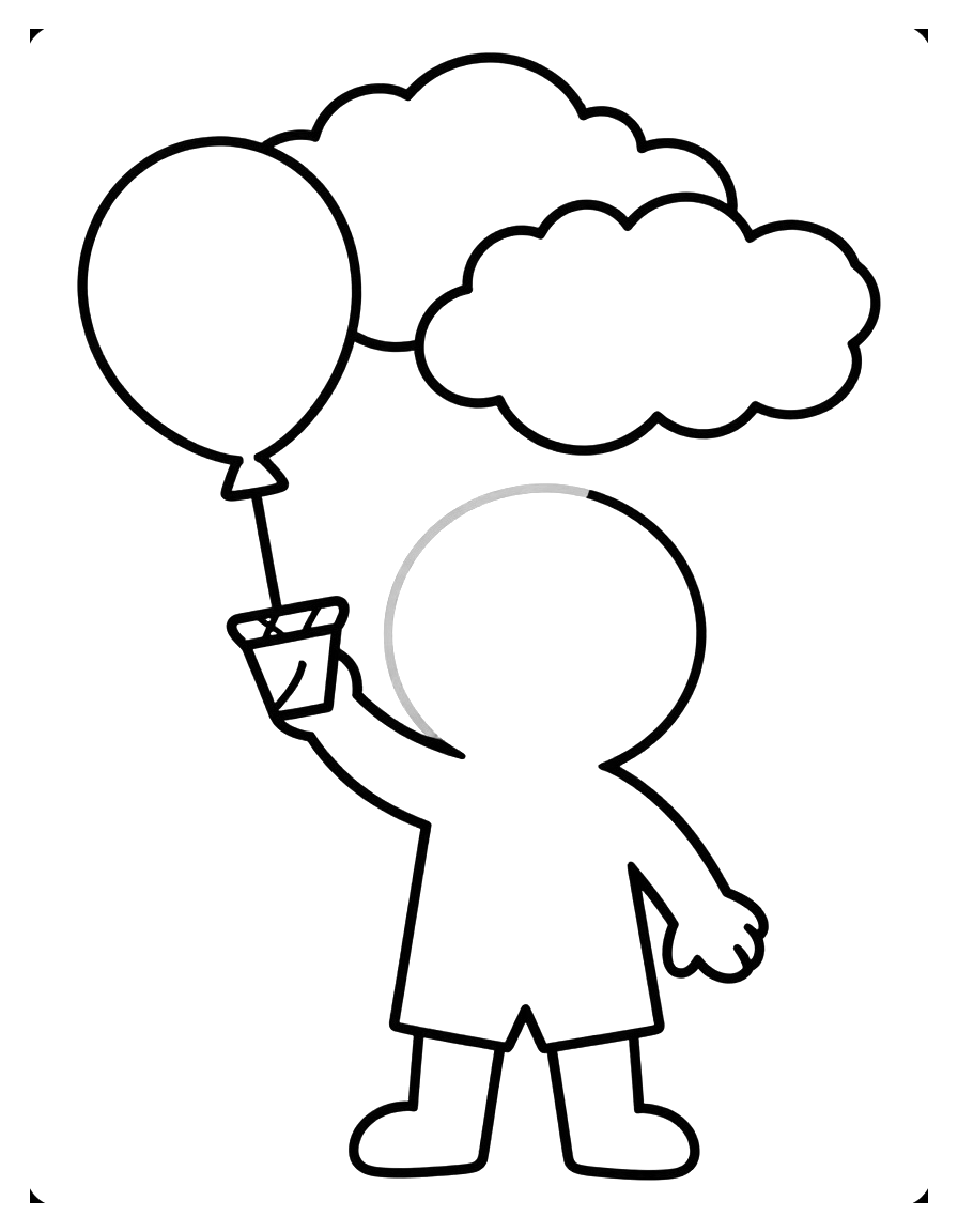 Kleurplaat van een kind dat een grote ballon vasthoudt, met daarboven twee wolken aan de lucht.