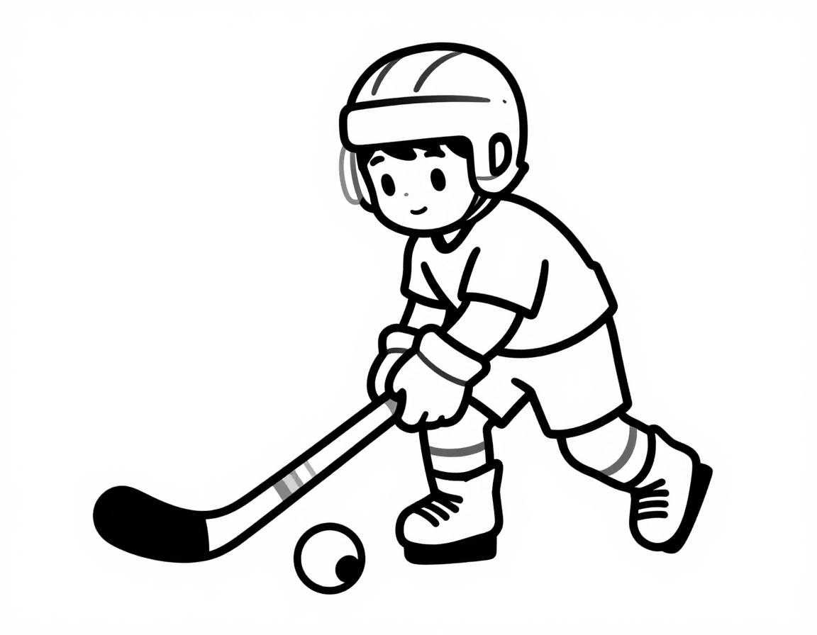 Kleurplaat van een jong kind in hockeytenue dat met een stick een bal over het gras dribbelt.