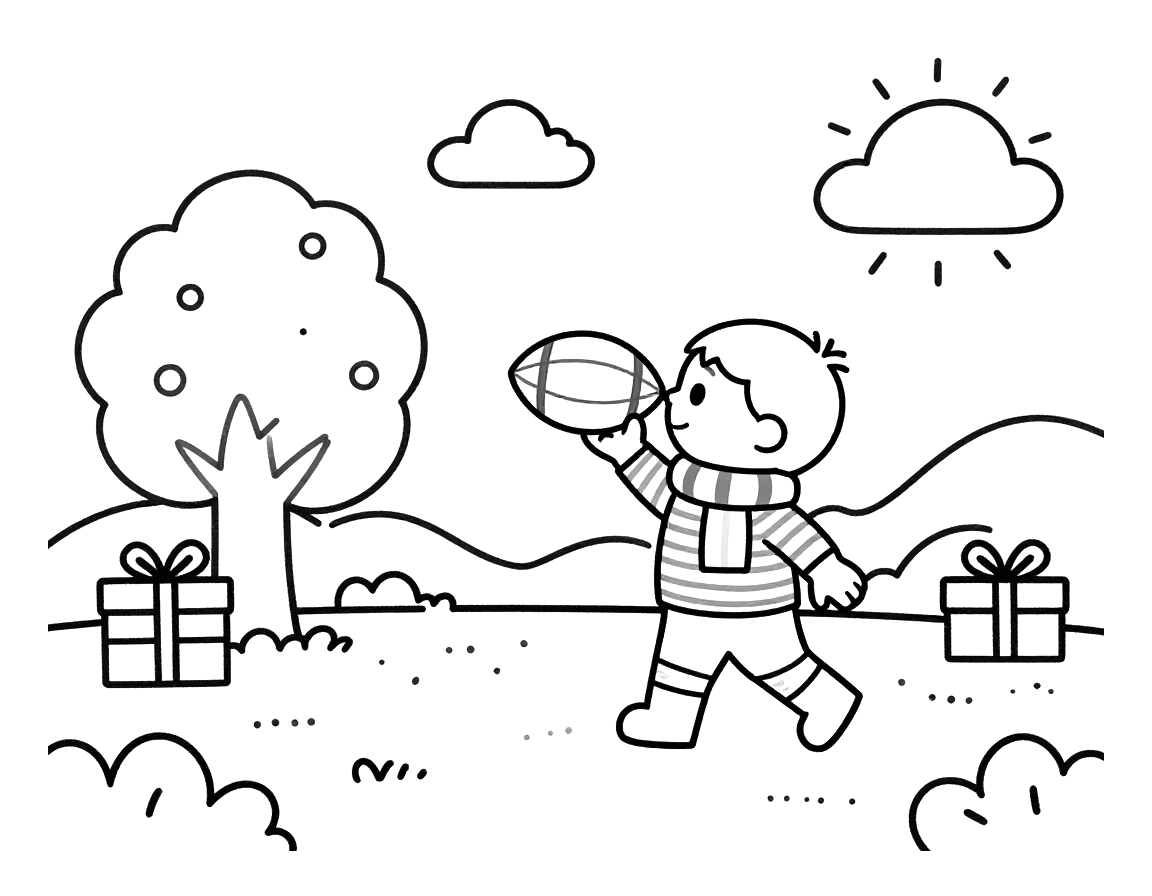 Kleurplaat van een kind in een gestreept shirt en sjaal dat een voetbal kopt in een besneeuwde tuin met een versierde boom en cadeaus