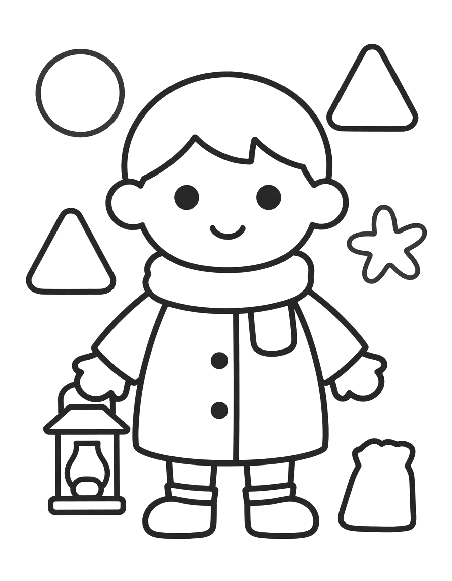 Kleurplaat van een kind in een warme jas en sjaal met een lantaarn in de ene hand en een zak snoep in de andere, omringd door een cirkel, driehoeken en een ster.