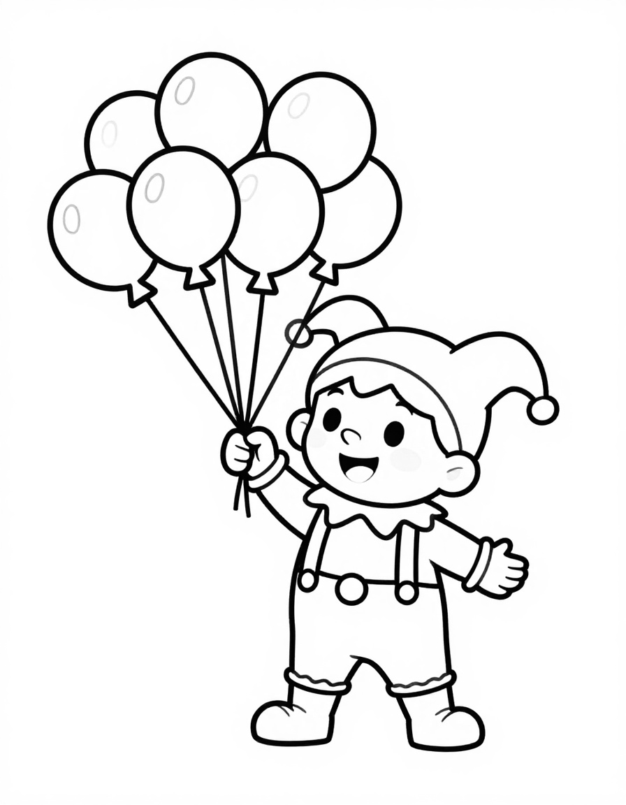 Kleurplaat van een vrolijk kind met een narrenhoed die een bos ballonnen vasthoudt tijdens een carnavalsoptocht.