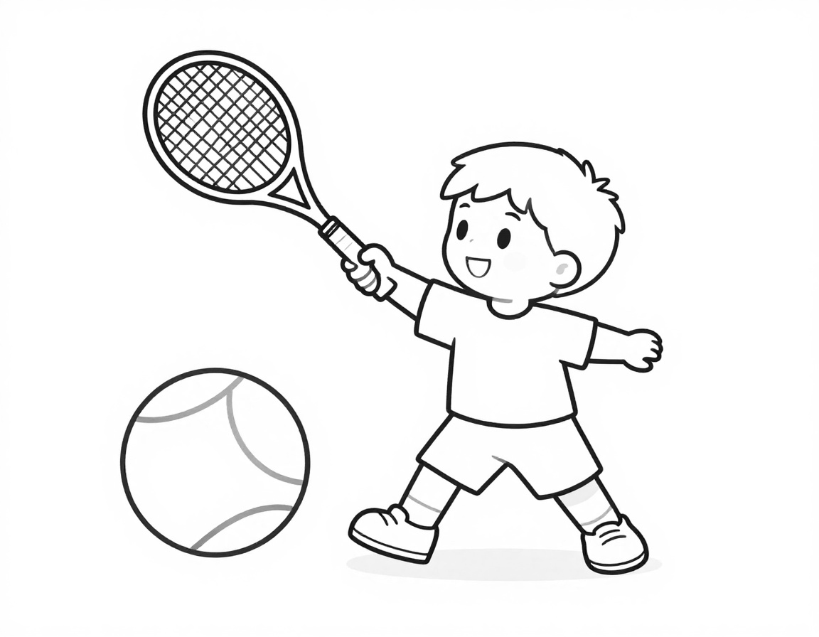 Kleurplaat van een lachend kind dat met een tennisracket een grote stuiterende bal slaat op een zonnige baan.