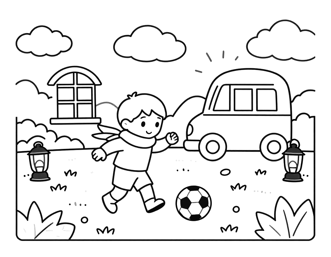Kleurplaat van een kind in een voetbalshirt dat een bal schopt in een herfstpark tijdens Sint-Maarten, met lampions op een vensterbank en een auto op de achtergrond.