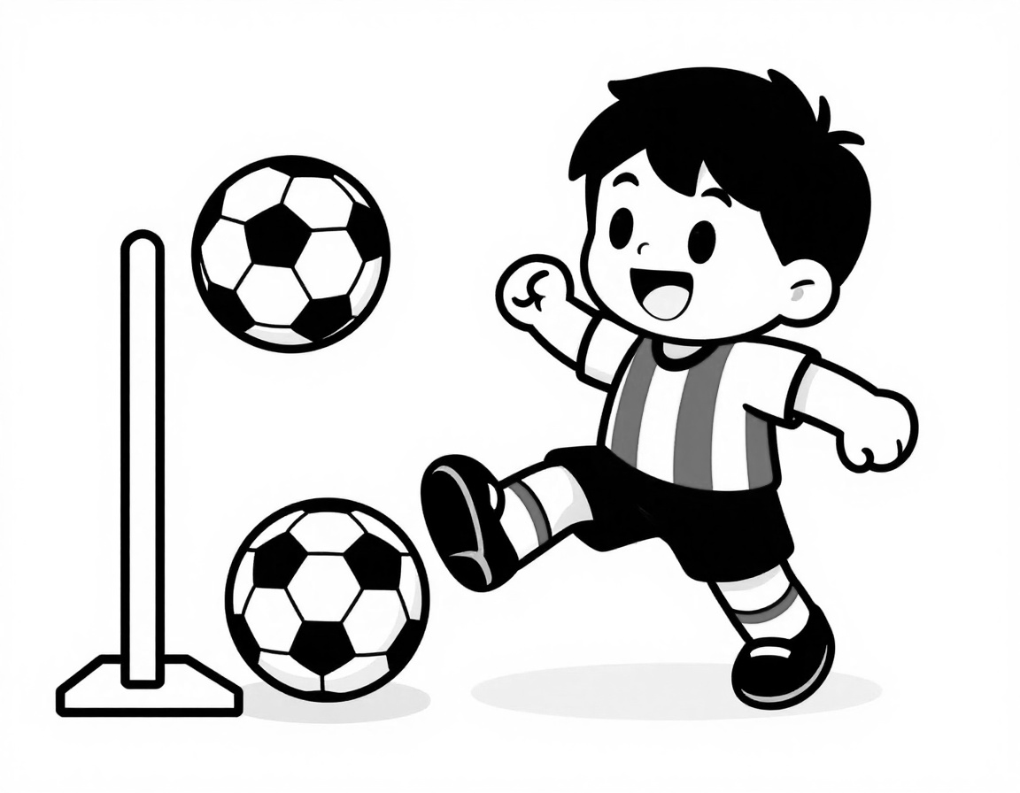 Kleurplaat van een vrolijk kind in een voetbaltenue dat een bal naar een klein goal schiet.