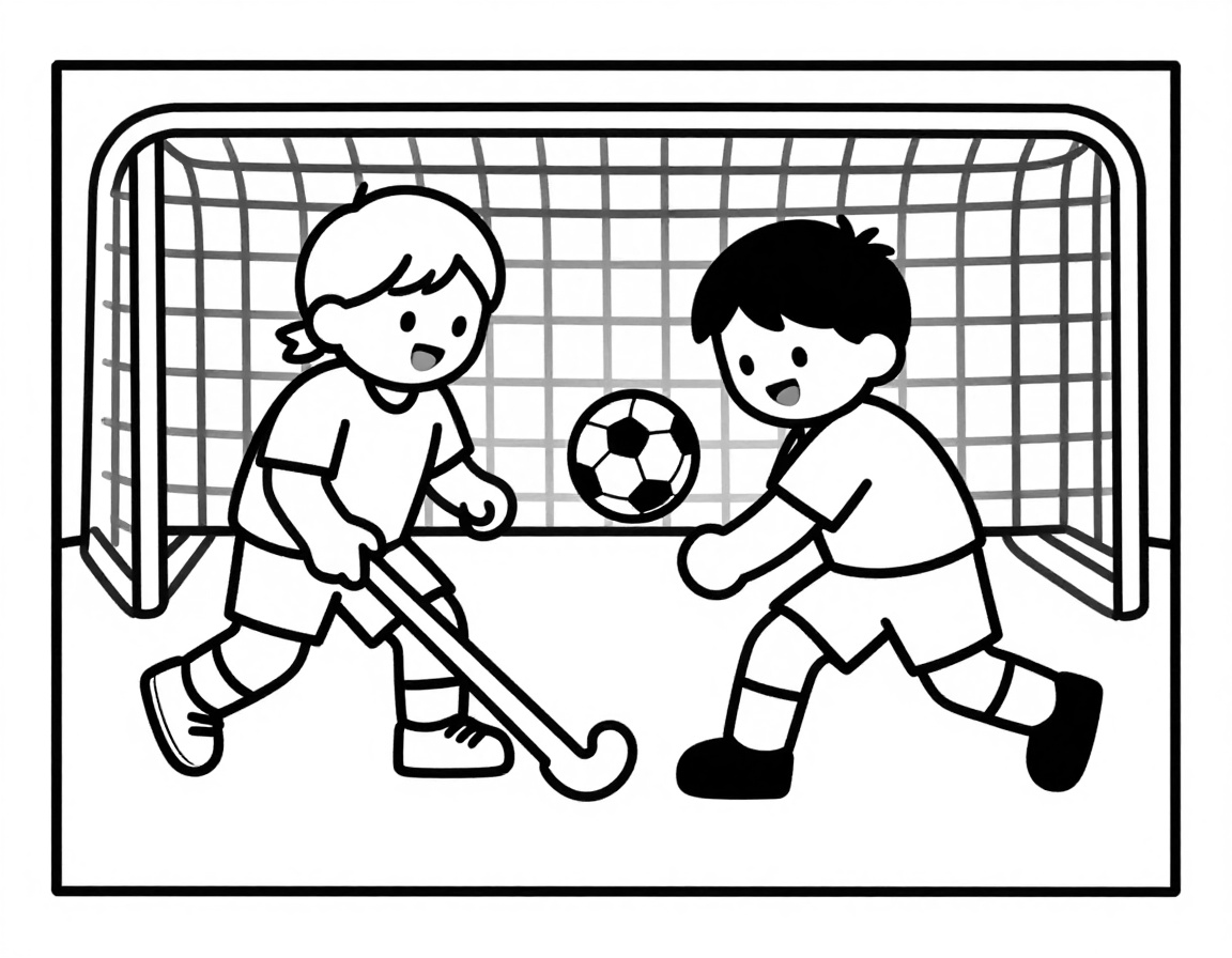 Kleurplaat van twee kinderen die hockey spelen en de bal naar elkaar passen bij een goal