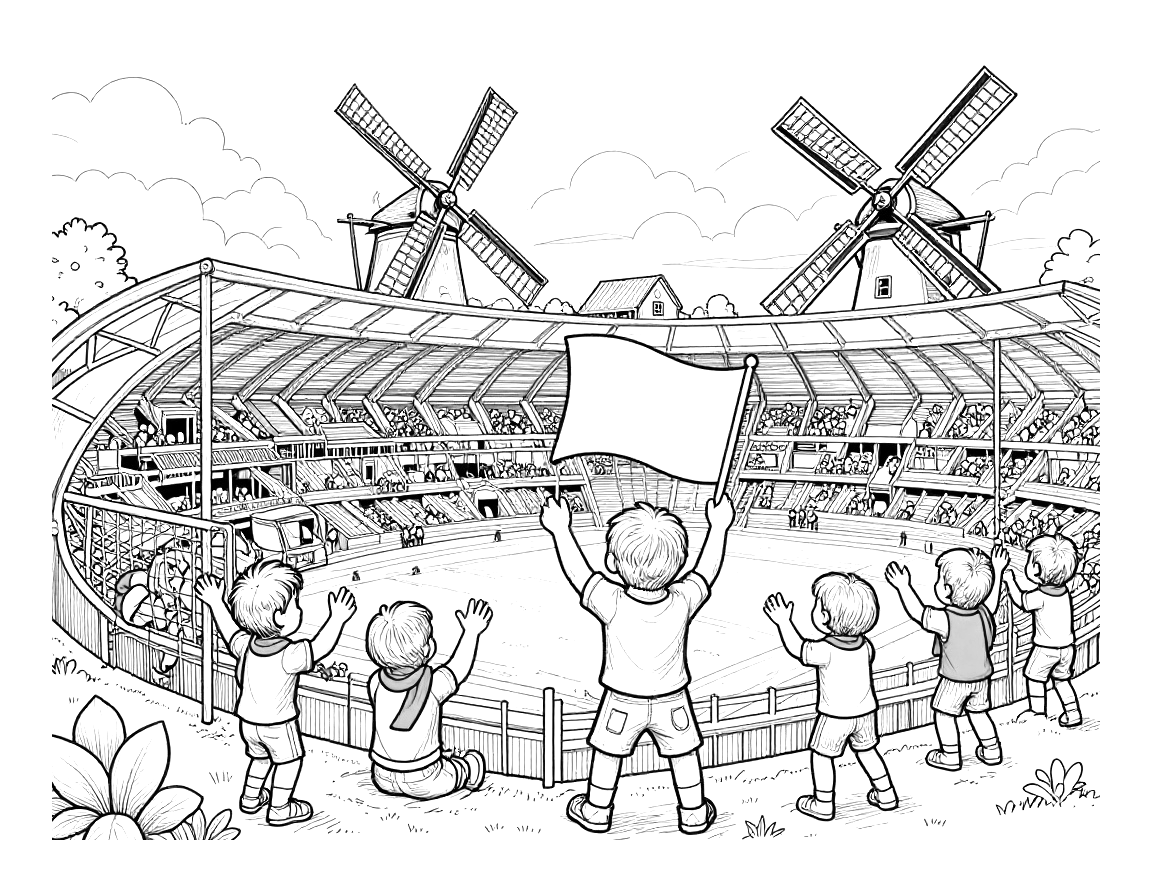 Kleurplaat van juichende kinderen in oranje sjaals voor een goal in een stadion, met een groot wapperend vlag en molens en grachtenpanden op de achtergrond.