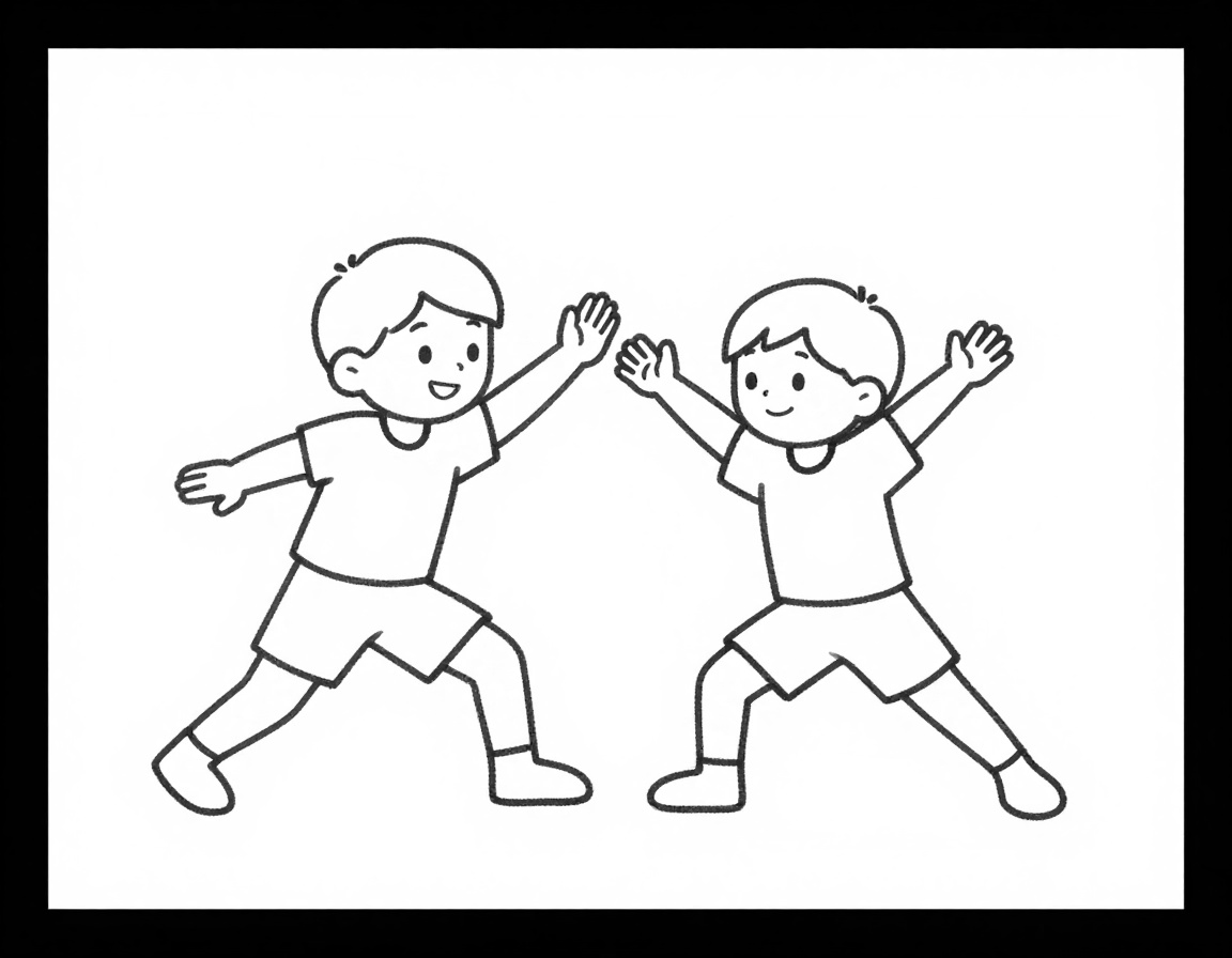 Kleurplaat van twee kinderen die samen op een turnmat stretchen met een vriendelijke coach erbij.