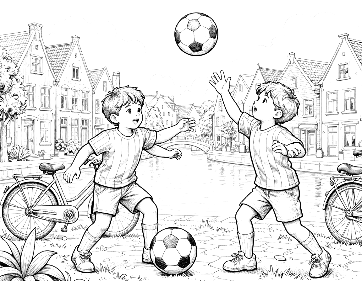 Kleurplaat van twee kinderen in gestreepte shirts die voetballen op een kade met fietsen en grachtenpanden