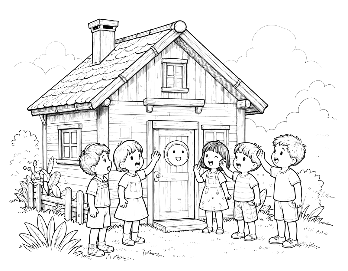 Kleurplaat van vijf kinderen die samen zingen voor de voordeur van een huis met een houten gevel en pannendak.