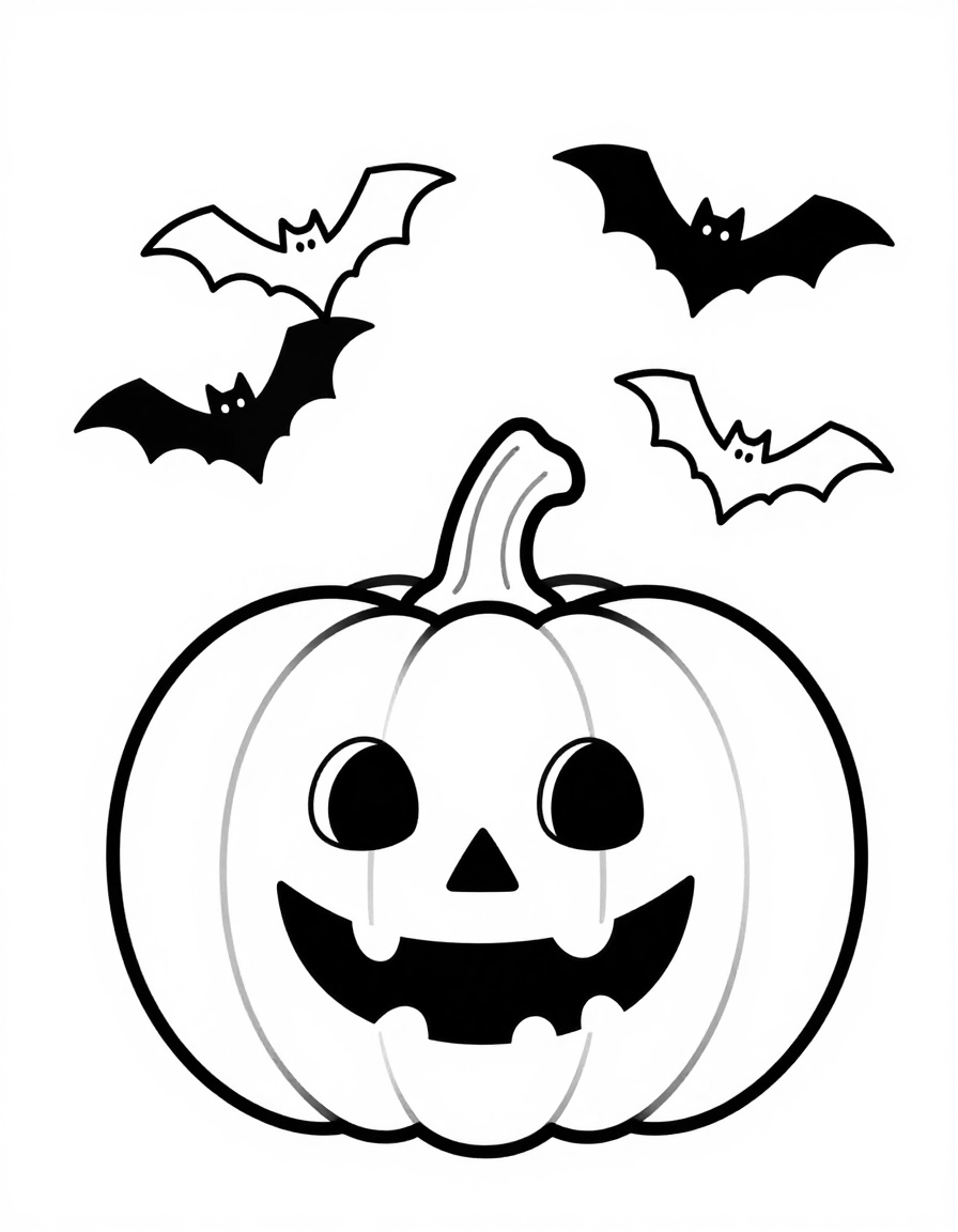 Kleurplaat van een lachende pompoen met vier vleermuizen erboven, in een halloweenscene.