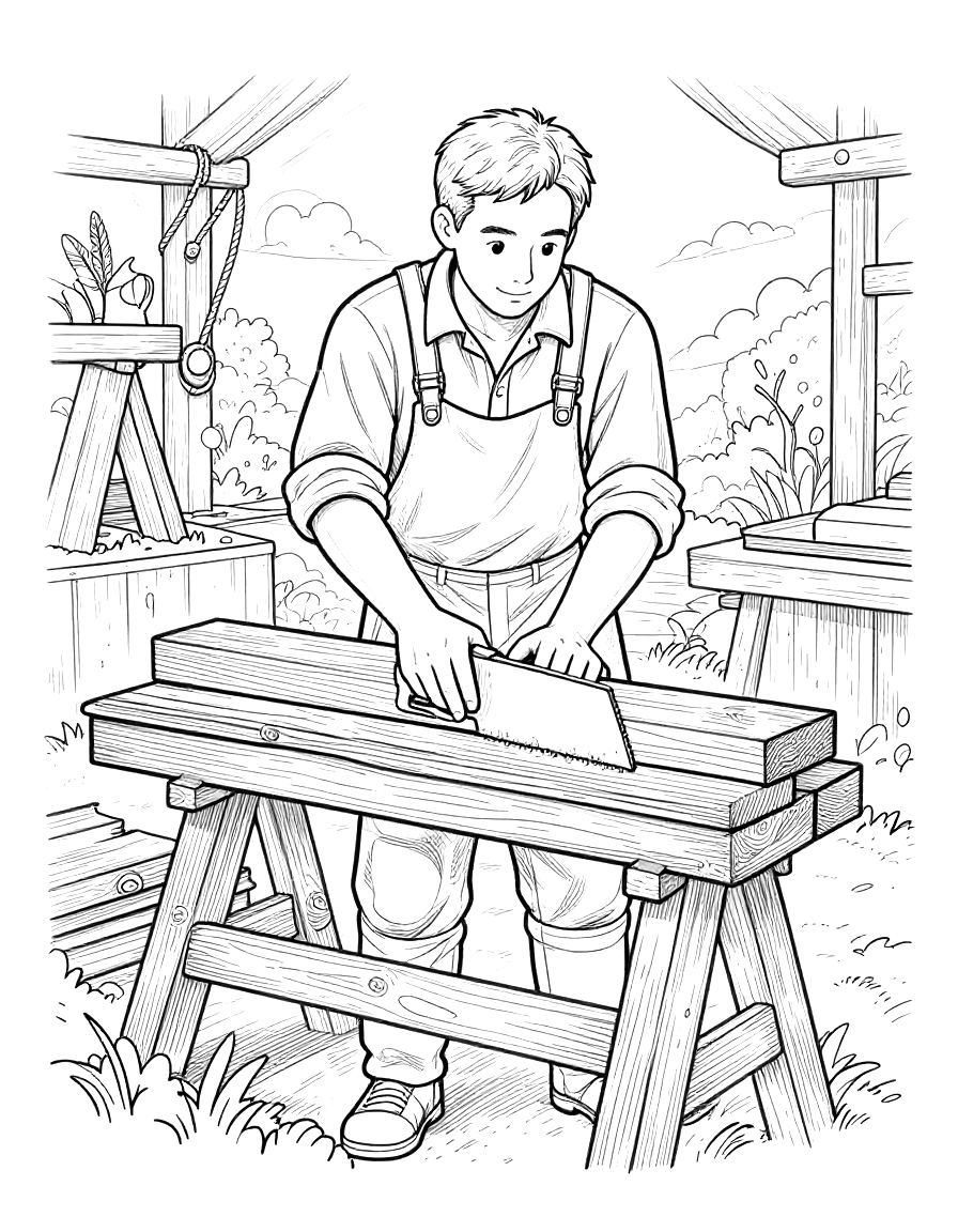 Kleurplaat van een man in een schort die met een handzaag een houten plank doorzaagt op een schraag in een werkplaats.